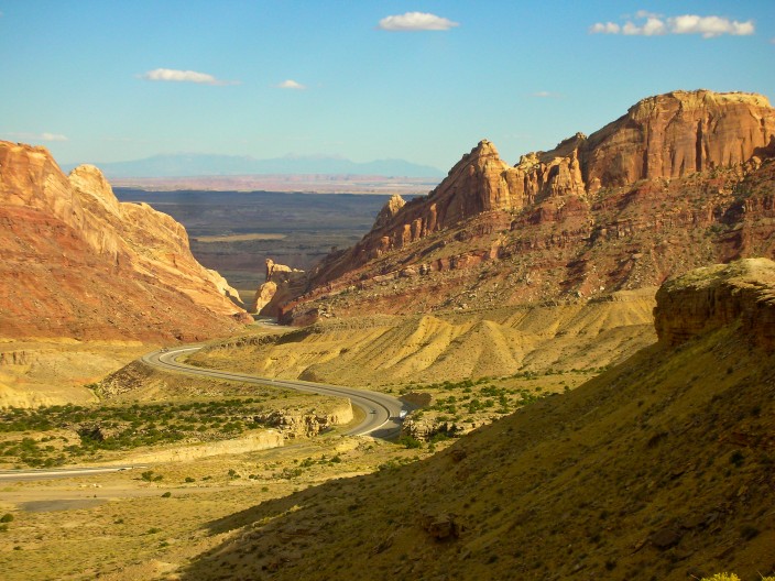 I-70 snaking through Spotted Wolf Canyon near eastern edge of San Rafael Swell